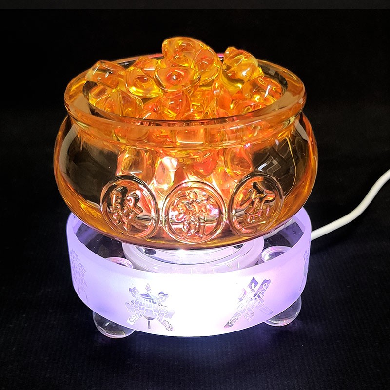 弘麒】黃水晶元寶聚寶盆8cm+八吉祥燈座(小)組合